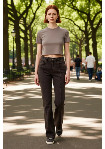 Kadın Yüksek Bel Dikiş Detaylı Geniş Paça Jean Pantolon Fonksiyonel Dayanıklı Kaliteli Şık fırsatları