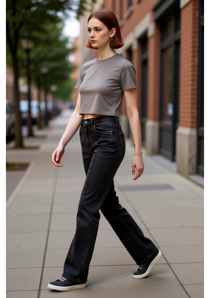 Kadın Yüksek Bel Dikiş Detaylı Geniş Paça Jean Pantolon Fonksiyonel Dayanıklı Kaliteli Şık indirimleri