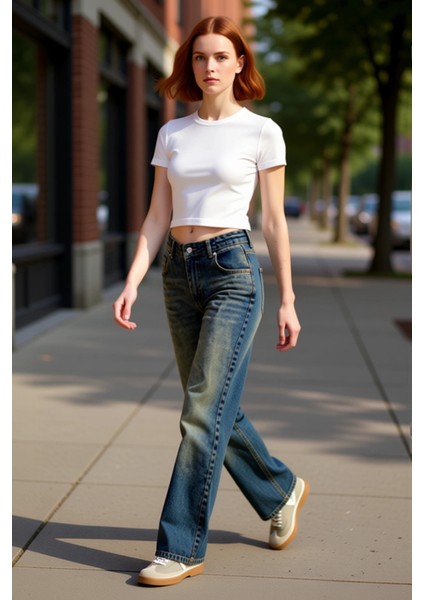 Kadın Koyu Vintage Efektli Düşük Bel Geniş Paça Jean Pantolon Fonksiyonel Dayanıklı Modern