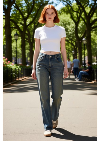 Kadın Koyu Vintage Efektli Düşük Bel Geniş Paça Jean Pantolon Fonksiyonel Dayanıklı Modern modelleri