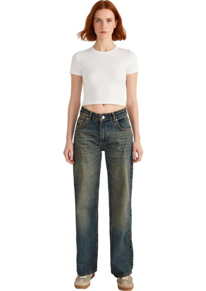 Kadın Koyu Vintage Efektli Düşük Bel Geniş Paça Jean Pantolon Fonksiyonel Dayanıklı Modern fırsatları