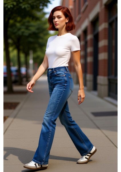 Kadın Yüksek Bel Ispanyol Paça Denim Pantolon Fonksiyonel Dayanıklı Kaliteli Konforlu Spor