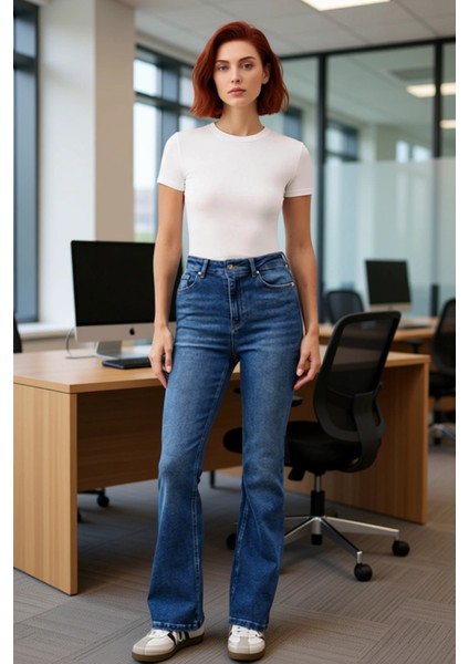 Kadın Yüksek Bel Ispanyol Paça Denim Pantolon Fonksiyonel Dayanıklı Kaliteli Konforlu Spor fiyatları