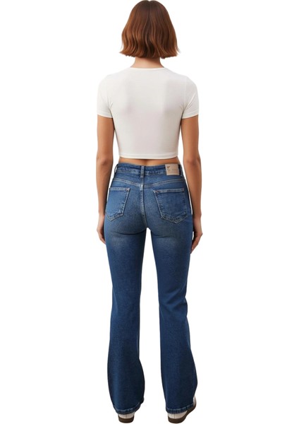 Kadın Yüksek Bel Ispanyol Paça Denim Pantolon Fonksiyonel Dayanıklı Kaliteli Konforlu Spor indirimleri