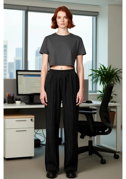 Kadın Dokulu Yüksek Bel Boru Paça Pantolon Fonksiyonel Dayanıklı Kaliteli Konforlu Estetik