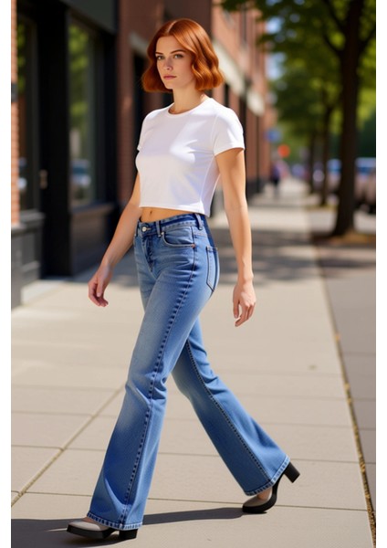 Kadın Flare Kesim Esnek Denim Pantolon Fonksiyonel Dayanıklı Kaliteli Konforlu Estetik Şık indirimleri