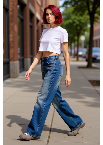 Kadın Vintage Efektli Wide Leg Jean Pantolon Fonksiyonel Dayanıklı Kaliteli Konforlu Rahat