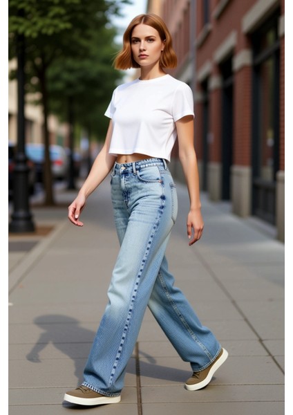 Kadın Geniş Paça Yüksek Bel Denim Pantolon Fonksiyonel Dayanıklı Kaliteli Konforlu Estetik