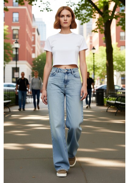 Kadın Geniş Paça Yüksek Bel Denim Pantolon Fonksiyonel Dayanıklı Kaliteli Konforlu Estetik modelleri