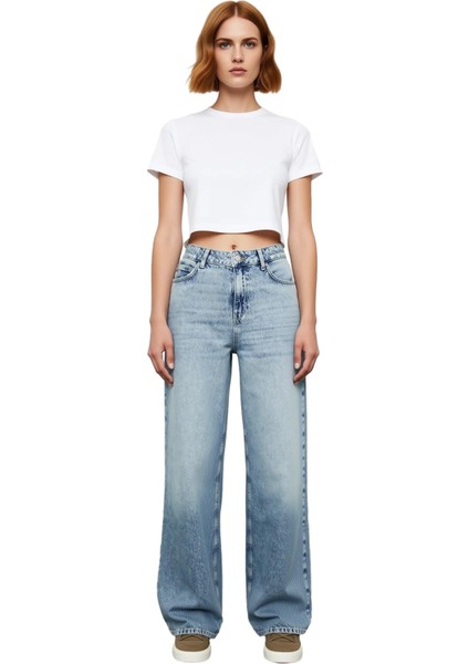 Kadın Geniş Paça Yüksek Bel Denim Pantolon Fonksiyonel Dayanıklı Kaliteli Konforlu Estetik fırsatları