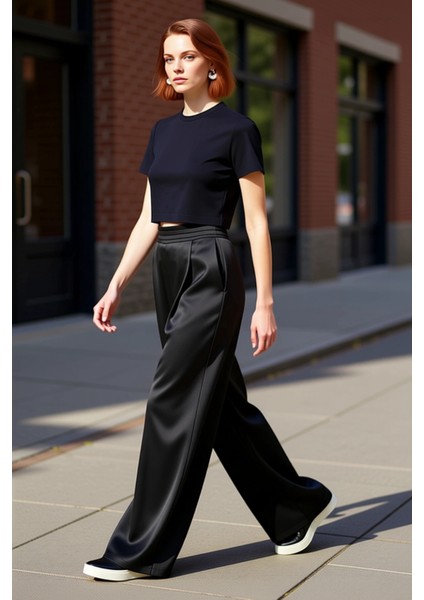 Kadın Wide Leg Saten Dokuma Pantolon Fonksiyonel Dayanıklı Kaliteli Konforlu Estetik Rahat modelleri