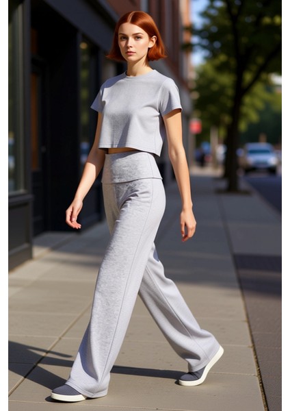 Kadın Melanj Beli Katlamalı Geniş Paça Pantolon Fonksiyonel Dayanıklı Kaliteli Konforlu Şık