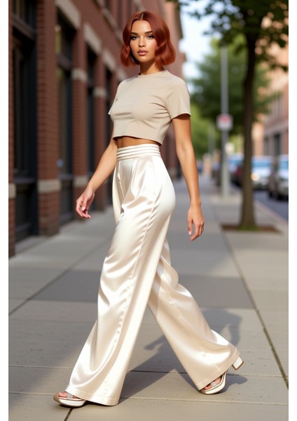 Kadın Saten Dokuma Geniş Paça Pantolon Fonksiyonel Dayanıklı Kaliteli Konforlu Estetik Şık