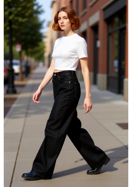 Kadın Dikiş Detaylı Geniş Paça Denim Pantolon Fonksiyonel Dayanıklı Kaliteli Konforlu Spor