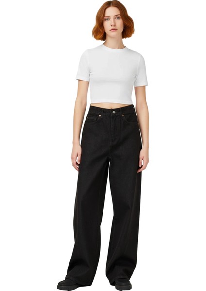 Kadın Dikiş Detaylı Geniş Paça Denim Pantolon Fonksiyonel Dayanıklı Kaliteli Konforlu Spor fırsatları