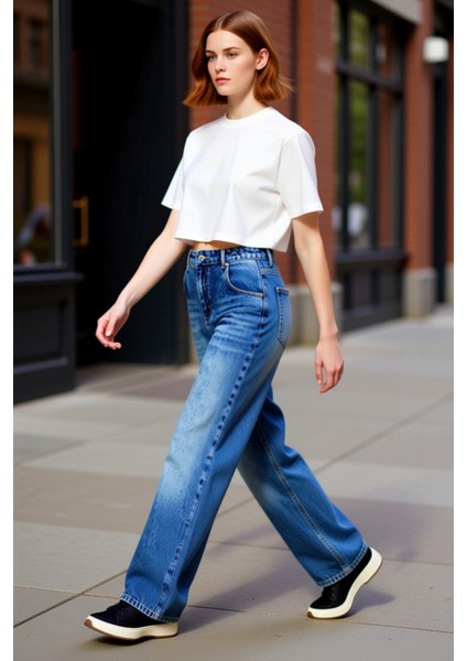 Kadın Yüksek Bel Geniş Paça Denim Pantolon Cool & Comfort Fonksiyonel Dayanıklı Kaliteli Şık
