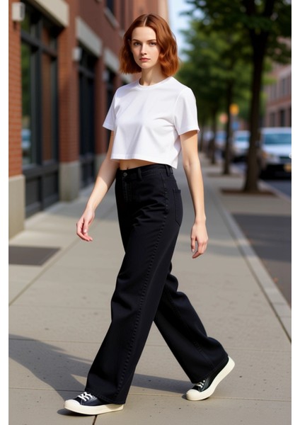 Geniş Paça Yüksek Bel Denim Pantolon Kadın Fonksiyonel Dayanıklı Kaliteli Konforlu Estetik