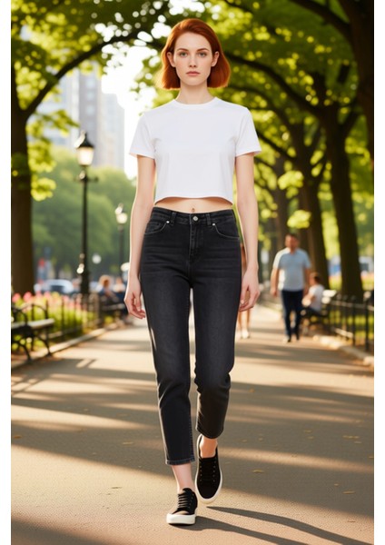 Kadın Antrasit Yüksek Bel Mom Jean Pantolon Fonksiyonel Dayanıklı Kaliteli Konforlu Modern modelleri