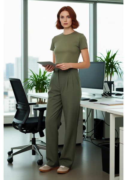Kadın Düz Kesim Yüksek Bel Dokuma Kumaş Pantolon Fonksiyonel Dayanıklı Kaliteli Konforlu Şık fiyatları