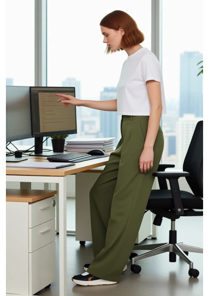 Kadın Haki Wide Leg Pilili Pantolon Fonksiyonel Dayanıklı Kaliteli Konforlu Estetik Modern