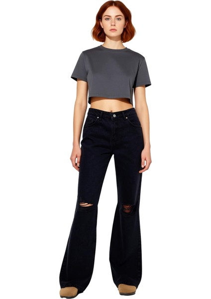 Kadın Wide Leg Denim Pantolon Yırtık Detaylı Fonksiyonel Dayanıklı Kaliteli Konforlu Rahat