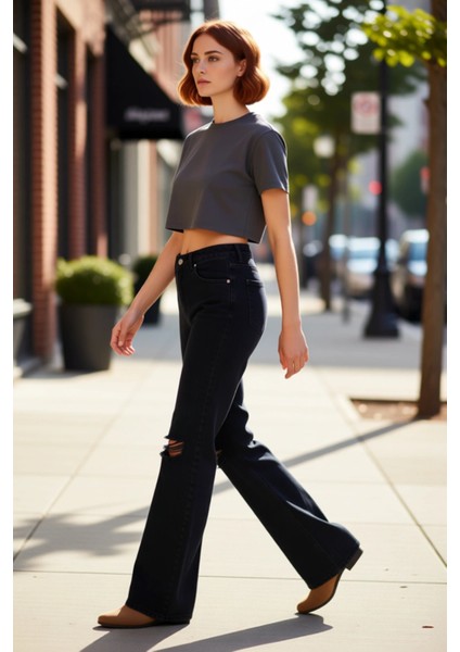 Kadın Wide Leg Denim Pantolon Yırtık Detaylı Fonksiyonel Dayanıklı Kaliteli Konforlu Rahat indirimleri