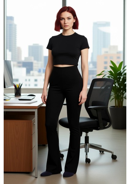 Kadın Yüksek Bel Ispanyol Paça Interlok Tayt Fonksiyonel Dayanıklı Kaliteli Konforlu Rahat