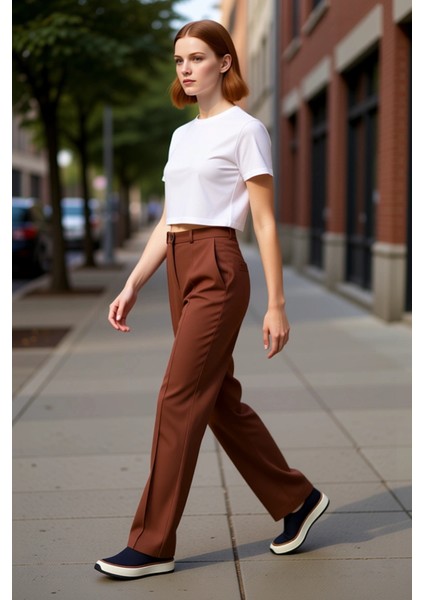 Kadın Yüksek Bel Düz Kesim Nervür Detaylı Dokuma Pantolon Fonksiyonel Dayanıklı Kaliteli Şık