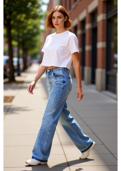 Kadın Renk Bloklu Wide Leg Kot Pantolon Fonksiyonel Dayanıklı Kaliteli Konforlu Estetik Şık