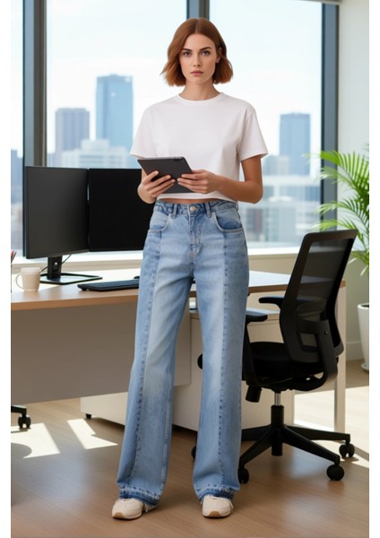 Kadın Renk Bloklu Wide Leg Kot Pantolon Fonksiyonel Dayanıklı Kaliteli Konforlu Estetik Şık fiyatları