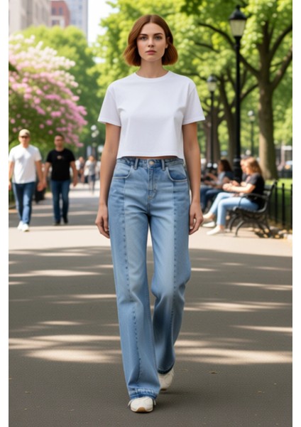 Kadın Renk Bloklu Wide Leg Kot Pantolon Fonksiyonel Dayanıklı Kaliteli Konforlu Estetik Şık modelleri