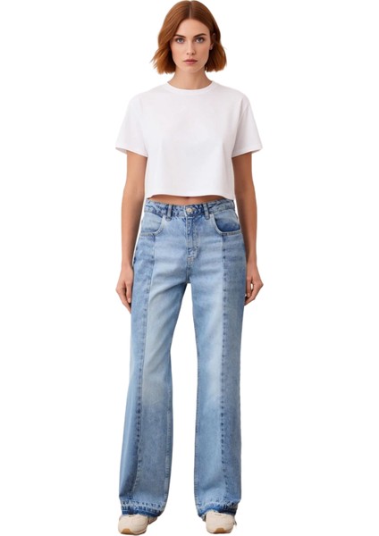 Kadın Renk Bloklu Wide Leg Kot Pantolon Fonksiyonel Dayanıklı Kaliteli Konforlu Estetik Şık fırsatları