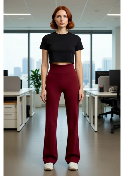 Kadın Yüksek Bel Ispanyol Paça Esnek Pantolon Fonksiyonel Dayanıklı Kaliteli Konforlu Spor