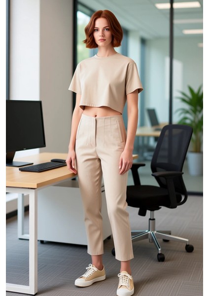 Kadın Yüksek Bel Bilek Boy Cigarette Dokuma Pantolon Fonksiyonel Dayanıklı Kaliteli Modern