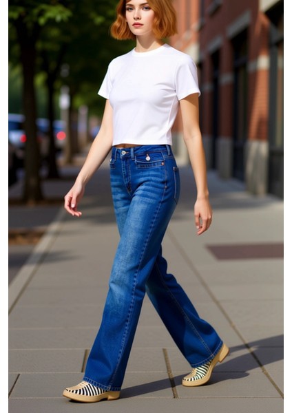 Kadin Yüksek Bel Ispanyol Paça Denim Pantolon Fonksiyonel Dayanıklı Kaliteli Konforlu Spor