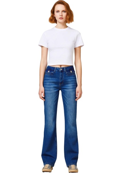 Kadin Yüksek Bel Ispanyol Paça Denim Pantolon Fonksiyonel Dayanıklı Kaliteli Konforlu Spor fırsatları