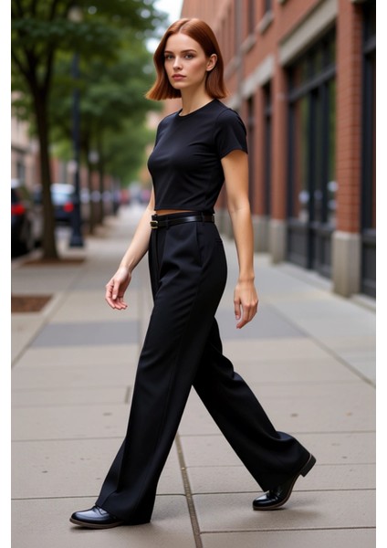 Kadın Geniş Paça Kemer Detaylı Pantolon Fonksiyonel Dayanıklı Kaliteli Konforlu Estetik Şık