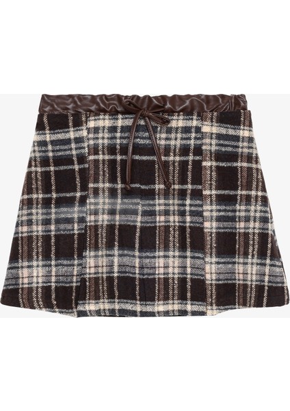 Deri Garnili Ekose Pileli Mini Etek Kahverengi fiyatları