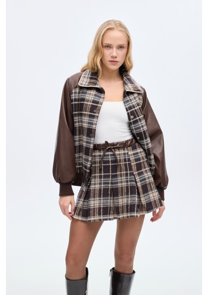 Deri Garnili Ekose Pileli Mini Etek Kahverengi modelleri