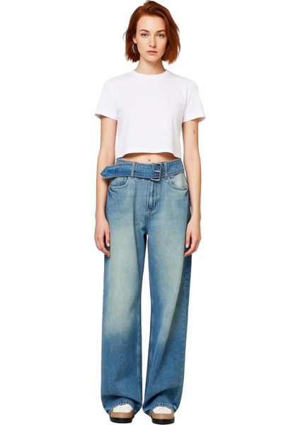 Kadın Wide Leg Kemerli Kot Pantolon Fonksiyonel Dayanıklı Kaliteli Konforlu Estetik Modern