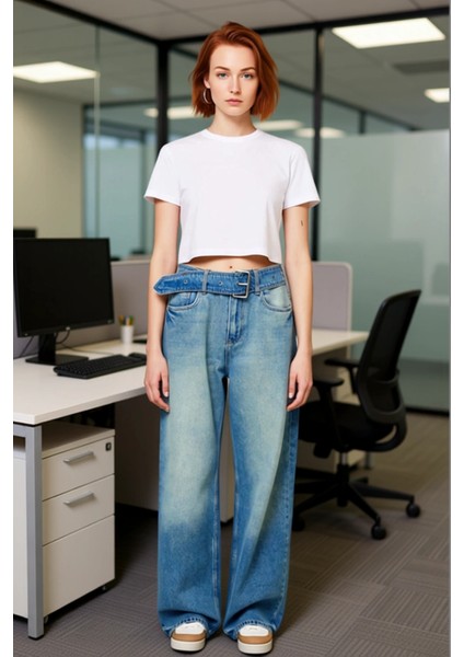 Kadın Wide Leg Kemerli Kot Pantolon Fonksiyonel Dayanıklı Kaliteli Konforlu Estetik Modern modelleri