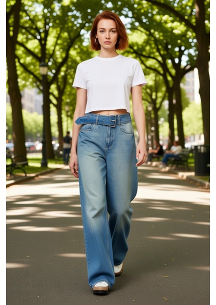 Kadın Wide Leg Kemerli Kot Pantolon Fonksiyonel Dayanıklı Kaliteli Konforlu Estetik Modern fırsatları