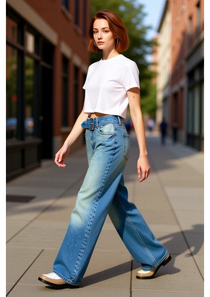 Kadın Wide Leg Kemerli Kot Pantolon Fonksiyonel Dayanıklı Kaliteli Konforlu Estetik Modern indirimleri