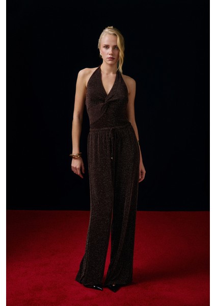 Simli Beli Bağcıklı Bol Paça Pantolon Kahverengi