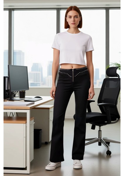 Yüksek Bel Trok Detaylı Flare Jean Kadın Fonksiyonel Dayanıklı Kaliteli Konforlu Estetik Şık fiyatları