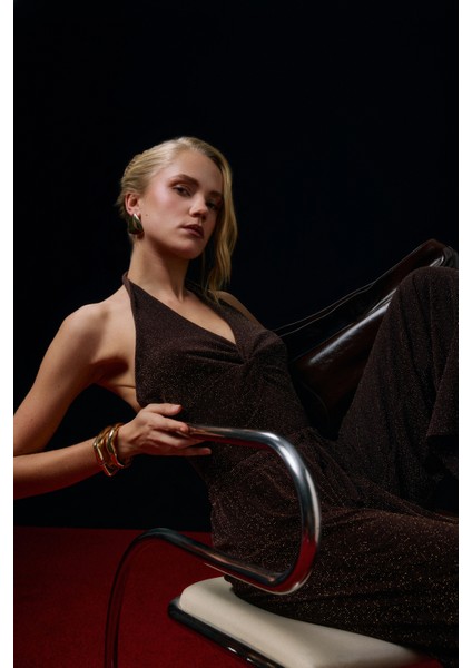 Simli Drape Düğümlü Bodysuit Kahverengi