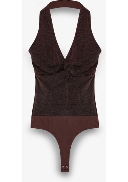 Simli Drape Düğümlü Bodysuit Kahverengi fiyatları