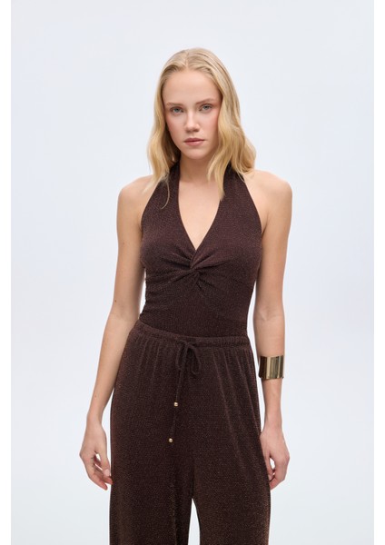 Simli Drape Düğümlü Bodysuit Kahverengi modelleri