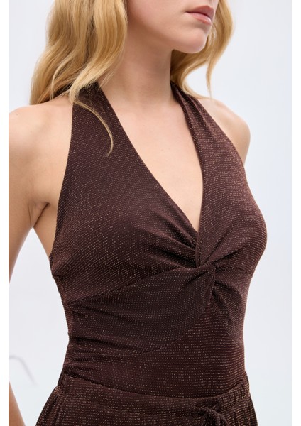Simli Drape Düğümlü Bodysuit Kahverengi fırsatları