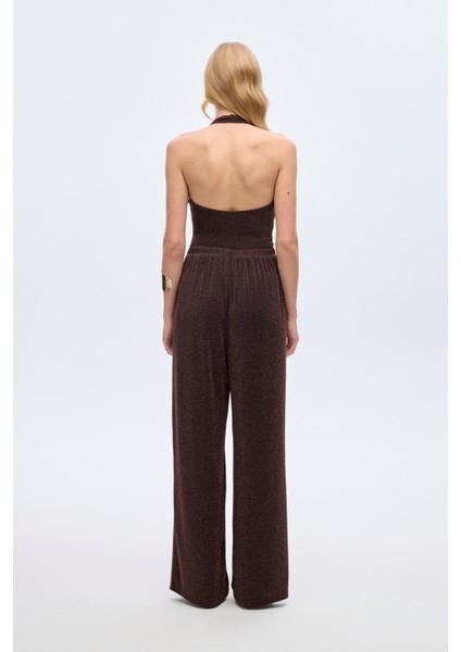 Simli Drape Düğümlü Bodysuit Kahverengi indirimleri